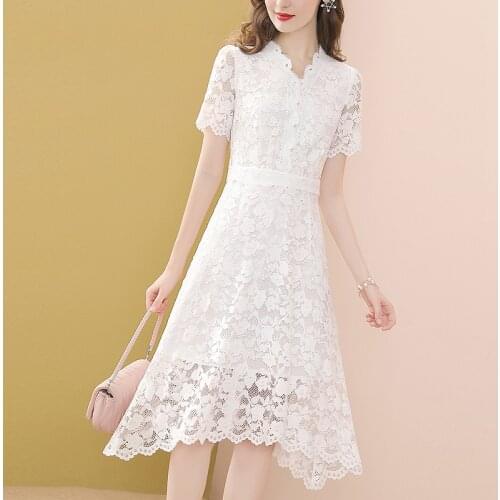 White Lace Dress For Women Short Sleeve Sexy A-Line Lace Up Beach Dresses V-Neck Pearl Hollow Out Floral Irregular Vestdios 2021