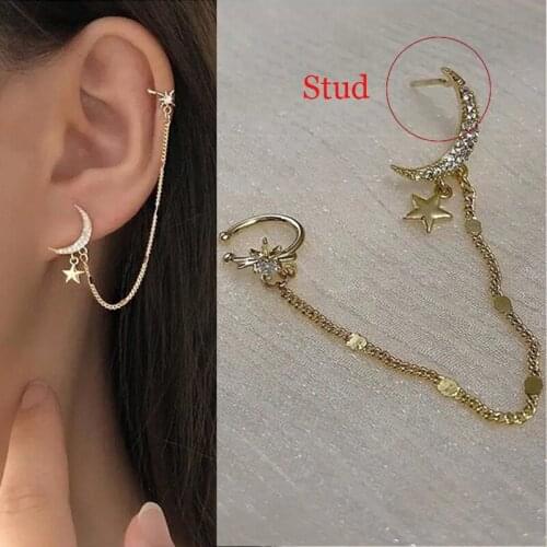 1pcs Trendy Cz Crystal Moon Star Ear Cuff Earrings For Women Girls Cute Crescent Chain Ear Hook Pierced Ear Clip Fashion Jewelry