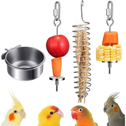 4 Pcs Bird Food Holder Treat Skewer Stainless Steel Birds Parrot Hanging Vegetable Fruit Feeder with Fruit Fork+Food Basket