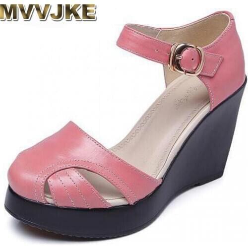 MVVJKE Sandals Women Ummer Fashion Comfortable Cowhide High Heels Wedges Platform Genuine Leather Shoes