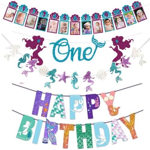 Mermaid Happy Birthday Garland Banner Mermaid Cake Topper Gifts Favor Table Decoration For Kids Under the Sea Party Supplies