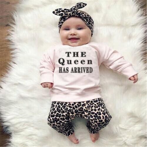 0-24M Baby Girls Autumn Clothes Set Toddler Kids Long Sleeve O-neck Letter Tee Tops Leopard Print Long Pants Headband 3 PCS Sets