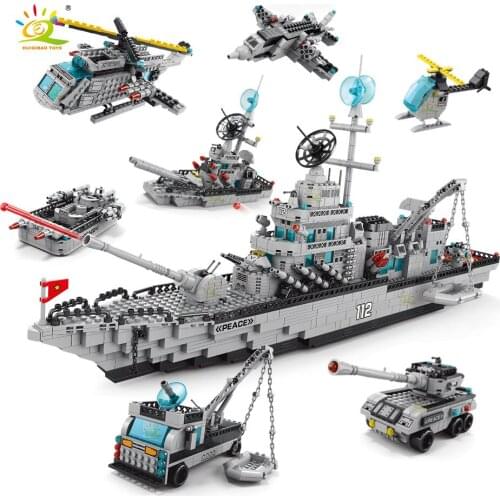 HUIQIBAO 1560Pcs Military 6IN1 Missile Destroyer Model Building Block City Navy Soldier Weapons Figure Bricks Set Toys Children