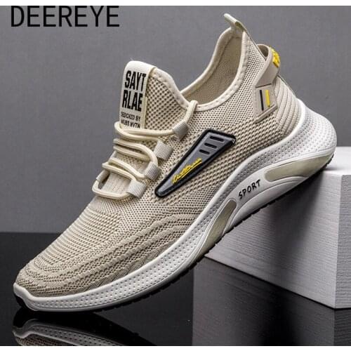 Mens Fashion Lace-Up Flying Woven Tennis Vulcanize Mesh Sports Casual Running Sneakers Trainers Shoes Luxury Brand Black Apricot