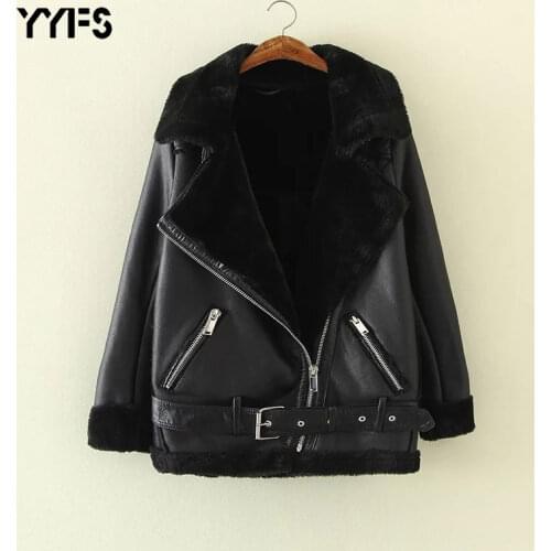 Faux leather jacket Women Retro Lapel Velvet Padded Fur One Coat Winter Warm Thicken Fashion Motorcycle Bomber Jackets Female