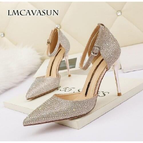 LMCAVASUN Sexy pointed high heels with thin net red sandals stiletto banquet rhinestone womens shoes