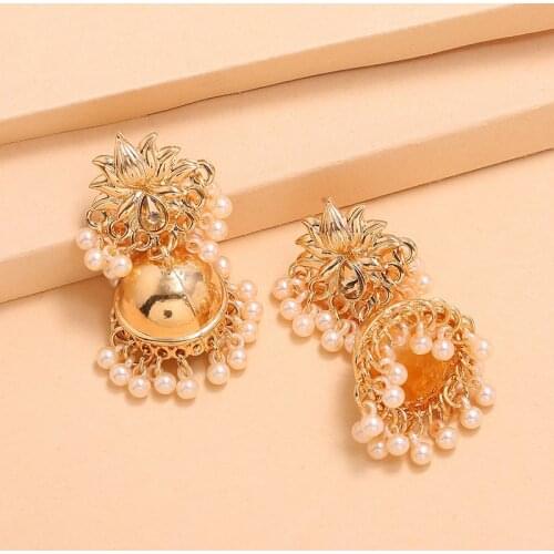 Fashion Handmade White Pearl Thailand Lotus Flower Gold Color Earrings For Women Boho Wedding Bridal Dance Party Jewelry Gifts