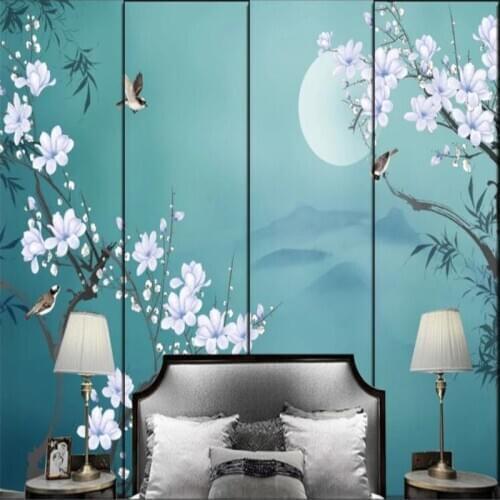Custom Mural Wallpaper Hand-Painted Magnolia Flower Bird Background Wall Painting