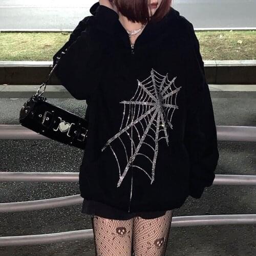 Autumn Winter Zip-up Jacket Outwear Black Harajuku Gothic Rhinestone Spider Web Hooded Coats Women Punk Casual Plus Size Hoodies
