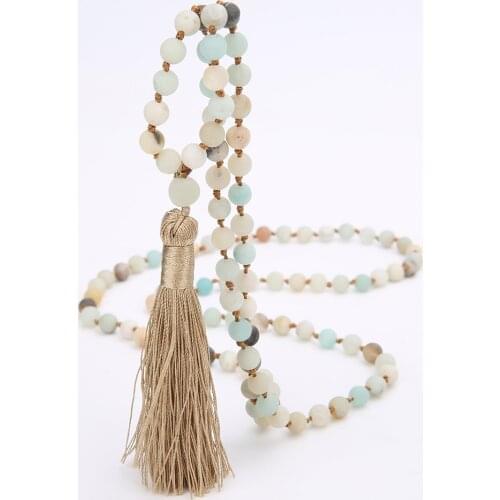 Showboho 6MMRosaryNecklaceNaturalStone Meditation Declaration Necklace Yoga Rosary Prayer Pendant Beaded Tassel Necklace