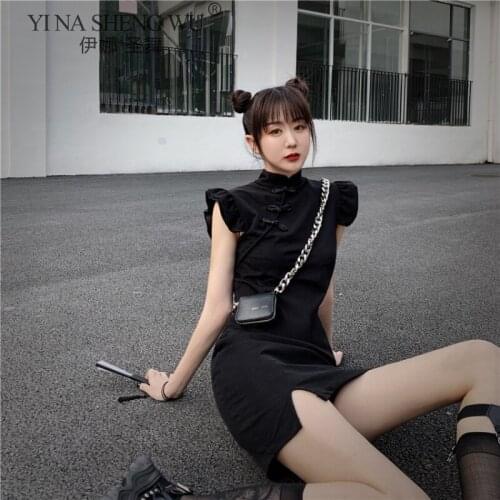 Dress Women Summer Chic Vintage Chinese Collar Cheongsam Sexy Style Notched Mini Womens Dresses Harajuku Slim Black Ladies Qipao