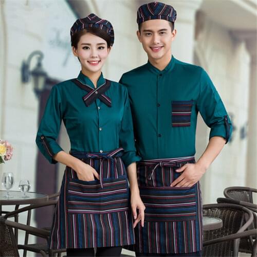 Full Sets Restaurant Waiter Uniform Hat+Shirt+Apron Coffee Shop Waitress Uniform Men Cook Clothing Hotel Bakery Work Wear