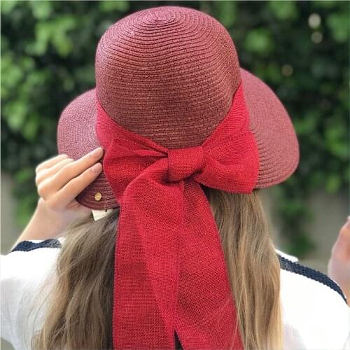 2021 Summer Women Big Bow Sun Burgundy Hat Style Vintage Design Wide Side Straw Hat Solid Color Anti-UV holiday Beach Hat