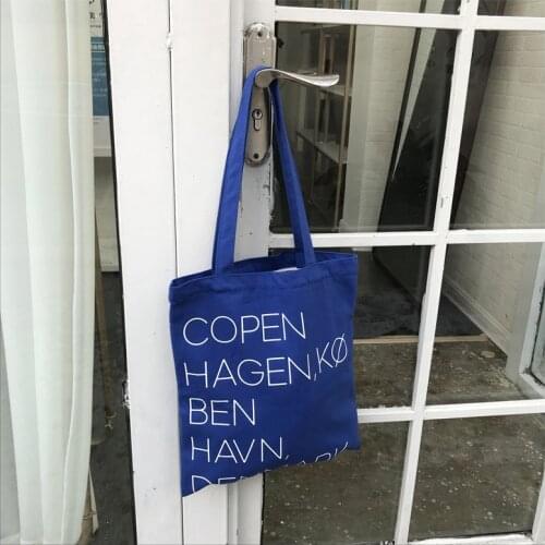 Korean Ins Zipper Shoulder Canvas Tote Bag Reusable Shopping Bag for Women White Letters Print Blue Handbag Students Schoolbag