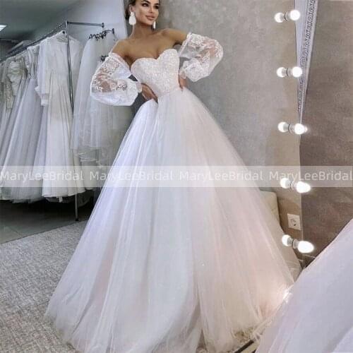 Full Length Glitter Tulle Wedding Dresses With Off Shoulder Long Sleeves Sweetheart Ball Gown Bridal Gowns Robe Boheme Femme