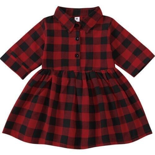 Toddler Girls Vintage Plaid Dress Lapel Neck Half Sleeve Buttons Pleated Shirt Dress Christmas Clothes 6M-4Y
