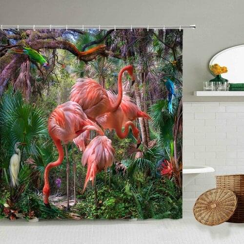 Tropical Jungle Flamingo Shower Curtain Green Plants Flowers Summer Scenery European Style Bathroom Wall Decor Waterproof Screen