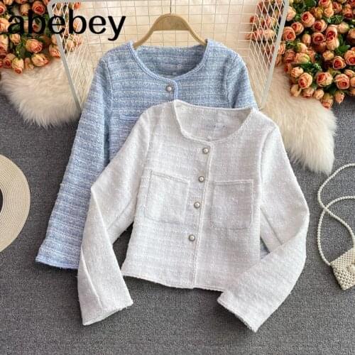 2021 New Spring Autumn Fashion O-neck long sleeve Coat double pocket single breasted tweed solid color short Jacket Top