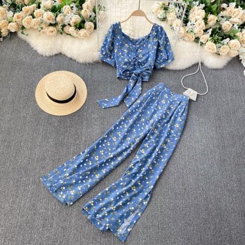 2021 Temperament Fashion New Bohemian Spring Floral Sets Two-piece Bow Tie Short Top Women High-waist Wide-leg Pants C279