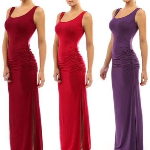 Scoop Neck Sleeveless Summer Maxi Side Split Ruched Long 2021 Women Off Shoulder High Slit Dress Long Sleeve Evening Party Dress