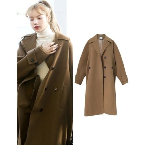 Women Wool Coat Female 2020 Korean Fashion Warm Long Cloak Overcoat Outerwear Lady Double Breasted Chic Ladies Overcoat L729