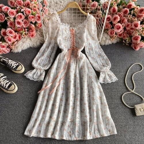 Dresses for Women Spring Flower Backless Square Neck Sexy Dress Long Sleeve Vintage Vestido De Mujer Y2k Luxury Clothing Women