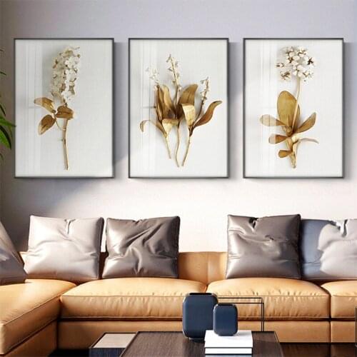 Golden Pant Leaves Flowers Wall art Canvas Painting Wall Pictures For Living Room Nordic Poster Pictures Morden Home Decor