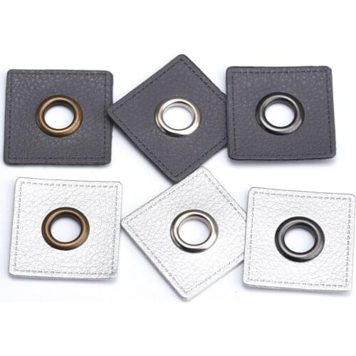 30pcs/lot 37mm square GREY/SILVER PU leather sew on Badges patch labels + inner 10mm metal brass eyelets grommets free ship