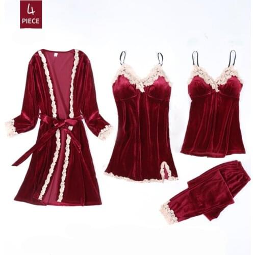 4pcs/Iot Women Velvet Pajamas Set Robe Sets Fashion Nightgown Sleepwear Nightdress Slings+Trousers Autumn Winter Homewear