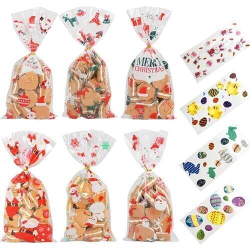 50pcs Santa Claus Christmas Tree Elk Plastic Gift Bags for Christmas Gift Baking Candy Cookie Easter Egg Rabbit Packaging Bags