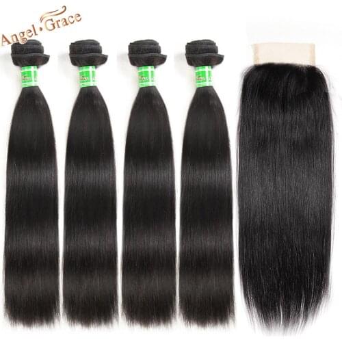 Angel Grace Hair Brazilian Straight Hair With Closure 4 Bundles With Lace Closure 100% Remy Human Hair Bundles With Closure