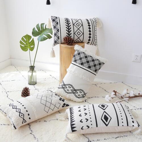 White Black Geometric cushion cover Moroccan Style Tassels rectangle pillow cover for Home decoration Sofa Bed 30x50cm