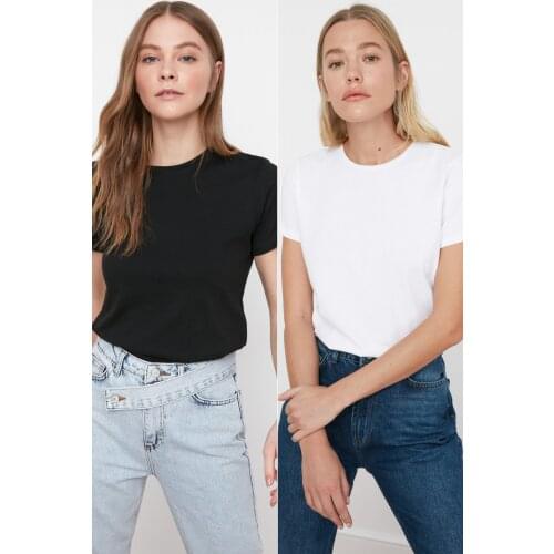 Black and White 100 Cotton Cycling Neck 2'li Package Knitted T-Shirt Casual Cutout Casual Fashion