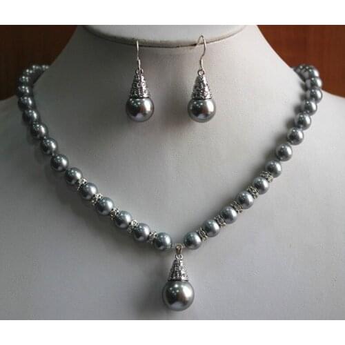 Hot sell free shipping ~~ noble 8mm gray shell pearl necklace 14mm earrings and pendant jewelry sets for wedding