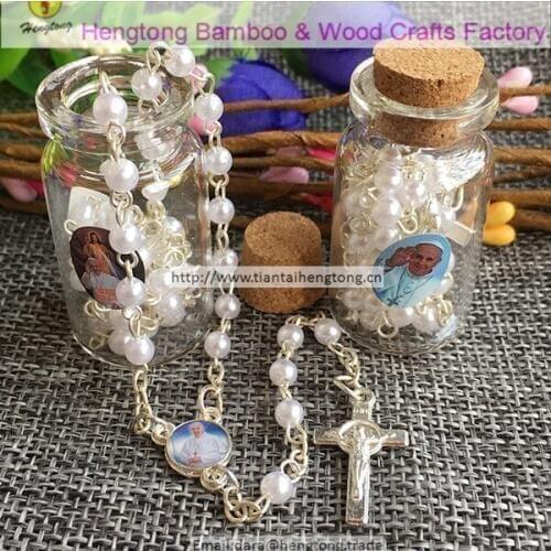 4mm faux pearl pope rosary icon francisco and Divine mercy packed into transparent wishing bottle