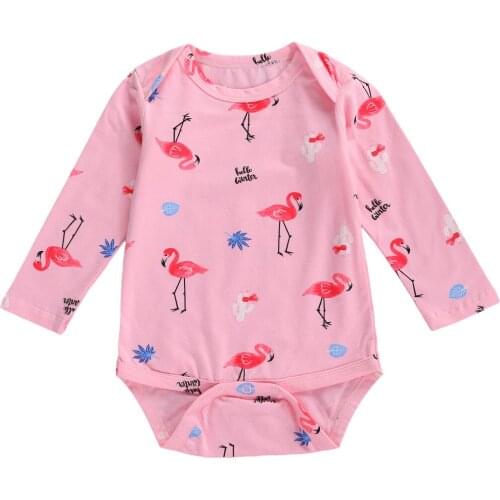 Infant Baby Girls Flamingo Print Romper Toddler Long Sleeve Round Neck Cartoon Jumpsuit Casual Spring Autumn Playsuit