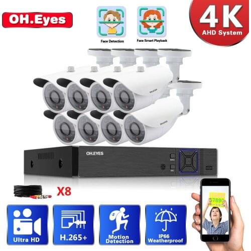 OH.EYES CCTV Video Kit 4K 8CH DVR Security Camera Kit System Night Vision 8MP Outdoor Camera waterproof 4/8 x 65feet Cable P2P