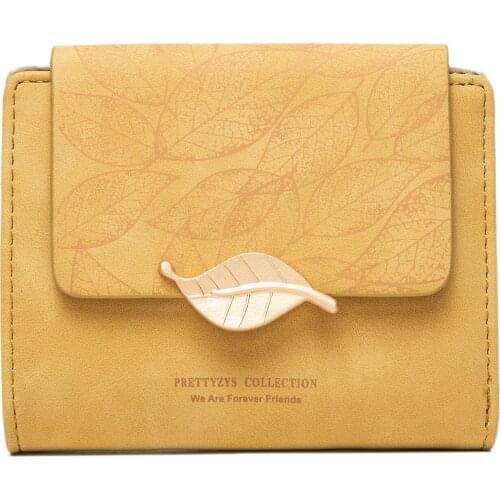 Women Short Fashion Leaves Printing Wallets Female Metal Leaves Zipper Hasp Leather Coin Purses Ladies New Frosted Letters Cards