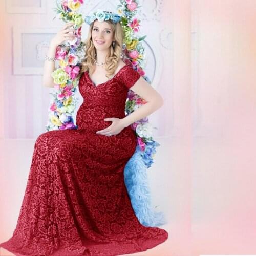 Fashion Lace Maternity Dress for Photo Shoot Maxi Maternity Gown Long Sleeves Stitching Fancy Women Maternity Photography Props