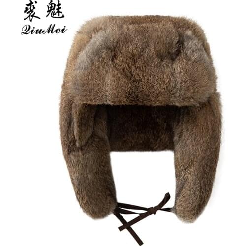 Real Rabbit Fur Hat Fashion New Design Gift Keep Warm Cap Adjuistable Thicken Lining Winter Bombers For Men