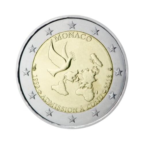 Monaco 20th Anniversary of Joining United Nations in 2013 2 Euro Real Original Coins True Euro Collection Commemorative Coin Unc