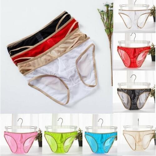 Mens Sexy See-through Silk Briefs Mesh Sheer Pouch Stretchy Seamless Panties Thongs Underwear Black Green Pink Red White