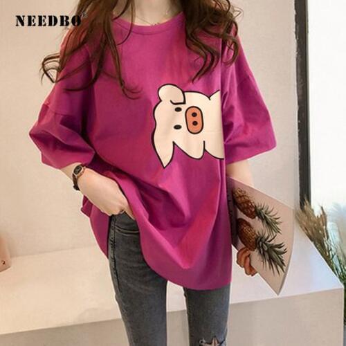 NEEDBO Women Tshirt Cartoon High Quality 2019 Plus Size Spandex Printed Pig Short Sleeve Long Casual Tee Shirt Femme Unique Tops