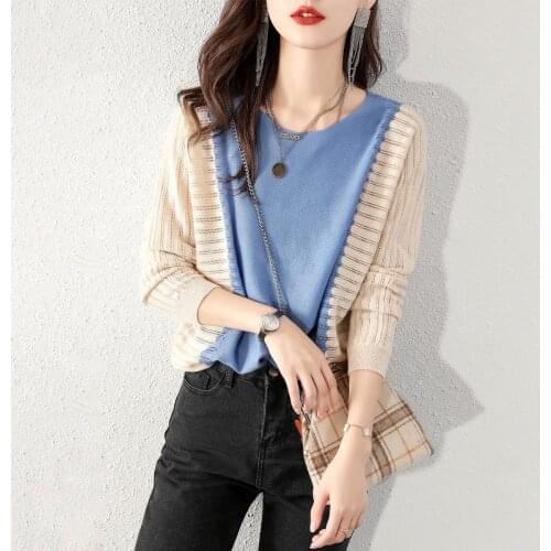 New autumn and winter all-match loose V-neck sweater womens pullover hollow stitching contrast color knit sweater top women