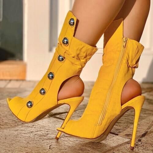 New Arrivals Yellow Ankle Boots Metal Decoration Studded Stiletto Heel Runway Bootie Peep Toe Hollow Party Dress Shoes Women