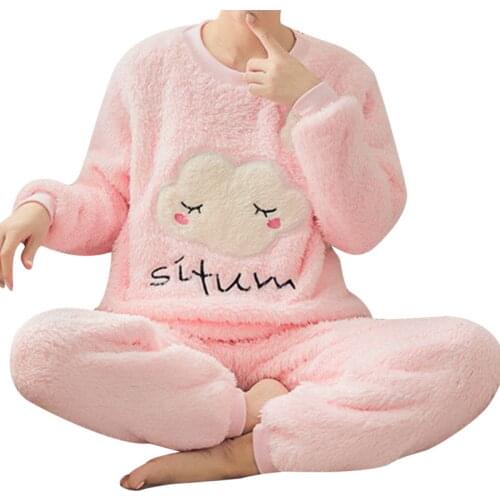 2021 Autumn Winter Flannel Thick Pajamas Set 2 Pieces Suit Casual Loose O Neck Warm Comfortable Sleepwear Nightwear Pyjamas