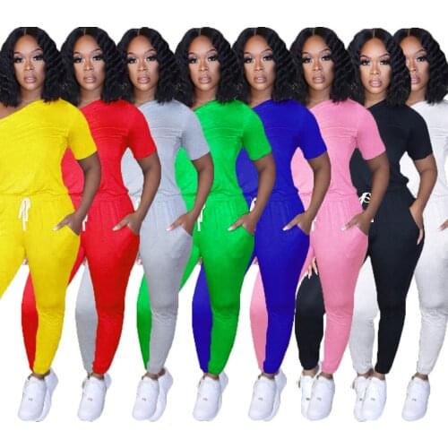 One Shoulder Women Sexy Jumpsuit Lace Up Casual Long Pants Solid Color One-Piece Sports Suit Summer Overalls Romper Tracksuit