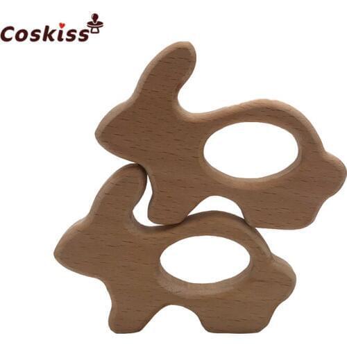 10pcs Baby teether Handmade Beech Wooden Rabbit Teether Baby Teething Toy DIY Crafts Pendant Chewable Pacifier Chain Accessories