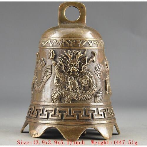 Rare Old Prayer Handwork Hammered Chinese Brass Old Dragon Embossment Bell Decor copper tools wedding Decoration Brass Bronze