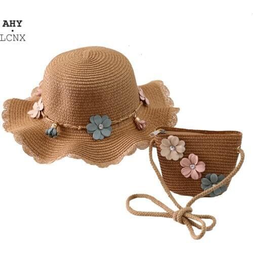 2020 Summer New Children Straw Hat Korean Baby Sun Hats Beauty Floral Girl Spring Cap Beach Visor Hat Straw Bag Two-Piece Sets